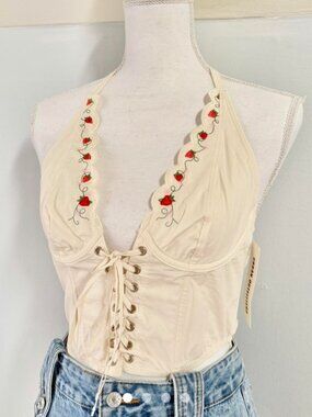 NWT Cream Embroidered UO Strawberry Lace-Up Corset Halter Top 🍓
